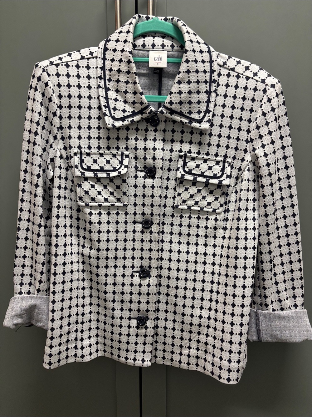 CAbi Black & White Geometric Button-Front Jacket
